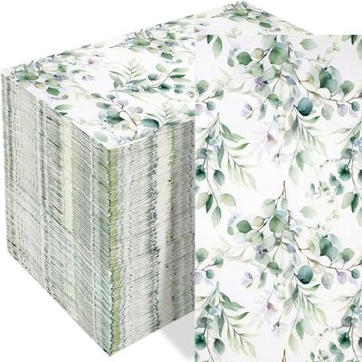 100 Pack Greenery Eucalyptus Disposable Paper Napkins, 13 x 16 Inch 2-Ply Dinner Napkins with Watercolor Leaves Design for Wedding Party Table Decor, Guest Hand Towels