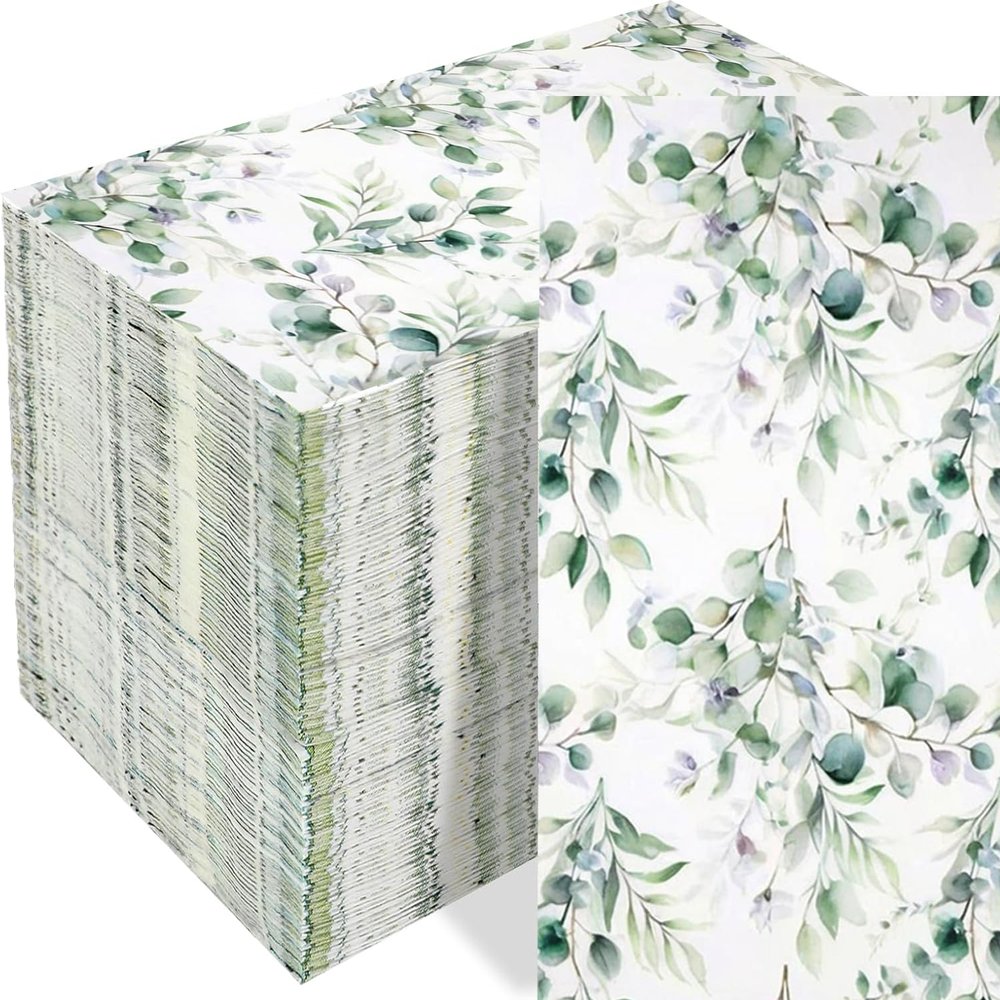 100 Pack Greenery Eucalyptus Disposable Paper Napkins, 13 x 16 Inch 2-Ply Dinner Napkins with Watercolor Leaves Design for Wedding Party Table Decor, Guest Hand Towels