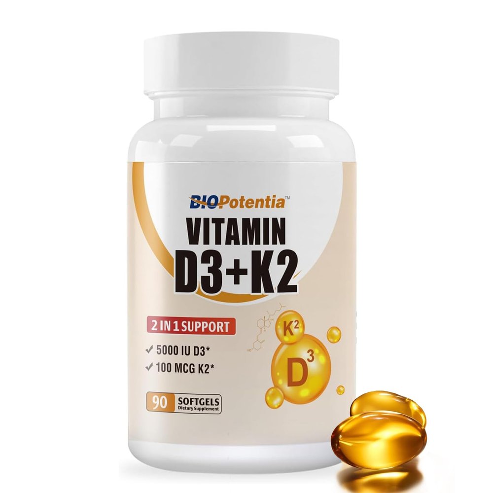 BIO POTENTIA Vitamin D3 K2 (MK7) Softgel Supplement, Vitamin D3 5000 IU & K2 100MCG with MCT Oil Supplement, Immune Support, Bone & Teeth Health, Gluten-Free, Non-GMO|90 Softgels
