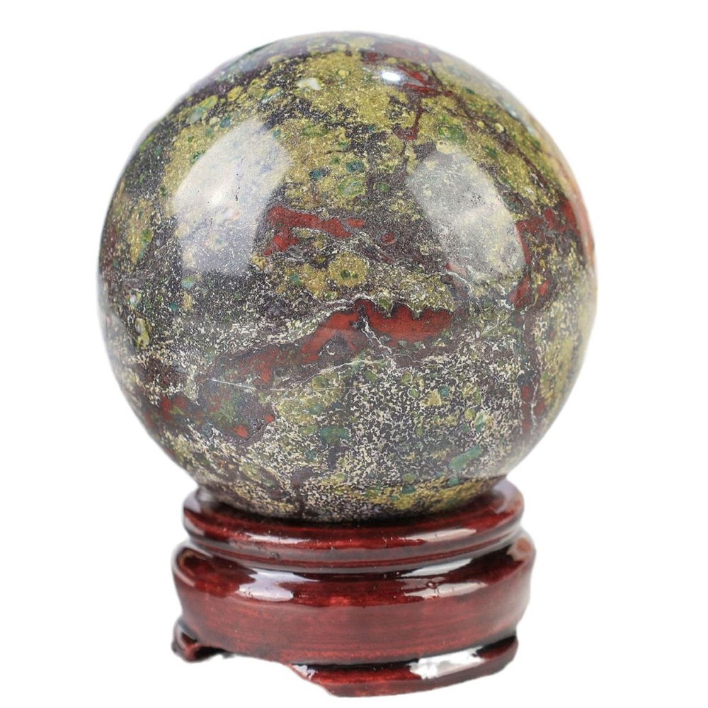 NIBHZ Crystal Sphere Ball with Wood Stand Healing Crystals Gemstone Ball Divination Sphere Sculpture Figurine for Reiki Meditation Feng Shui Home Desk Decor,Dragon Blood Stone