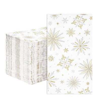 100 Pcs Winter Snowflake Paper Napkins 3 Ply Gold and White Snowflake Christmas Disposable Absorbent Hand Towels Winter Snow Guest Napkins for Holiday Dinner Bathroom New Year Kitchen Table Supplies