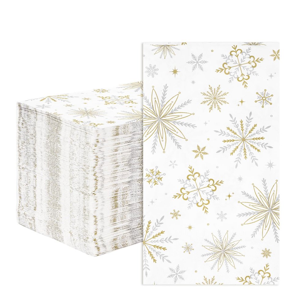100 Pcs Winter Snowflake Paper Napkins 3 Ply Gold and White Snowflake Christmas Disposable Absorbent Hand Towels Winter Snow Guest Napkins for Holiday Dinner Bathroom New Year Kitchen Table Supplies