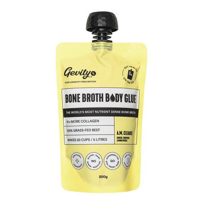 Gevity Rx Bone Broth Body Glue- A.M. CLEANSE, Go Pouch, Bone Broth Concentrate, 10x more collagen, The Most Nutrient Dense, Functional Ingredients,100% Grass Fed Beef, 20 servings|5 Litres, 7.05 Ounce