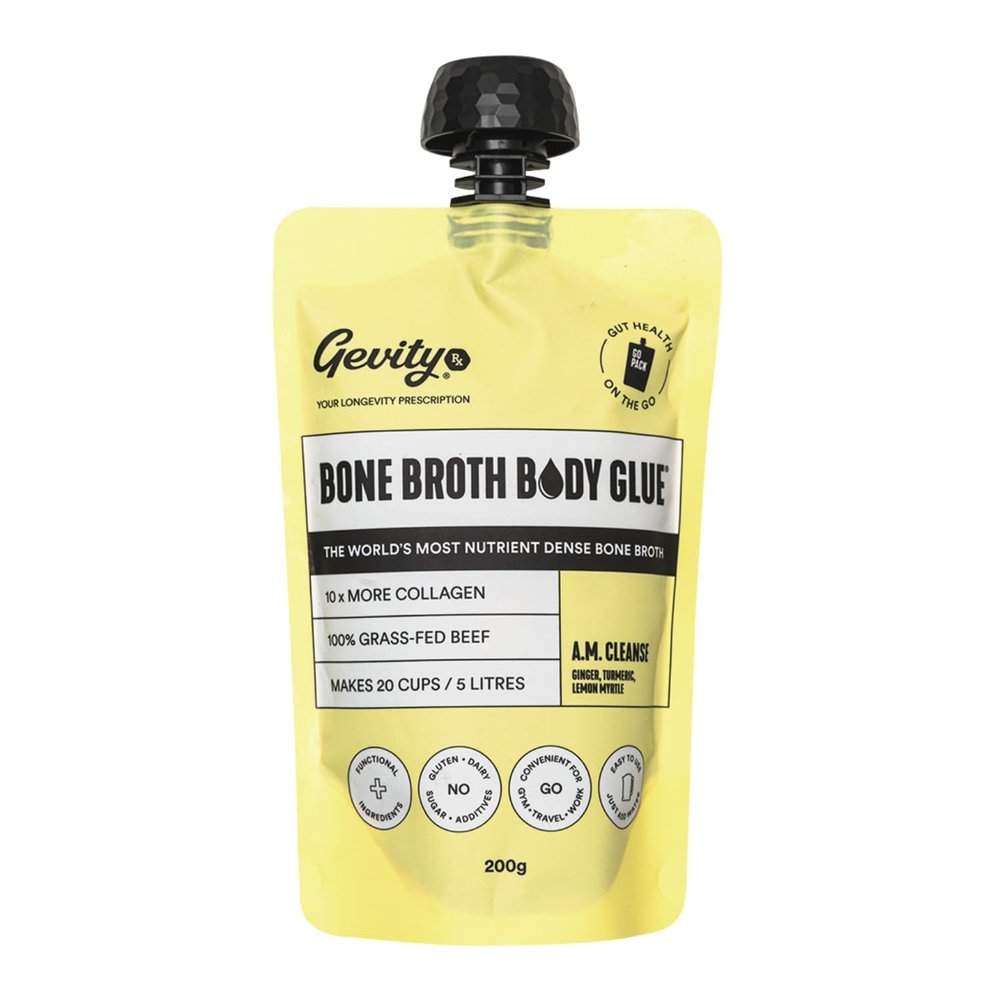 Gevity Rx Bone Broth Body Glue- A.M. CLEANSE, Go Pouch, Bone Broth Concentrate, 10x more collagen, The Most Nutrient Dense, Functional Ingredients,100% Grass Fed Beef, 20 servings|5 Litres, 7.05 Ounce