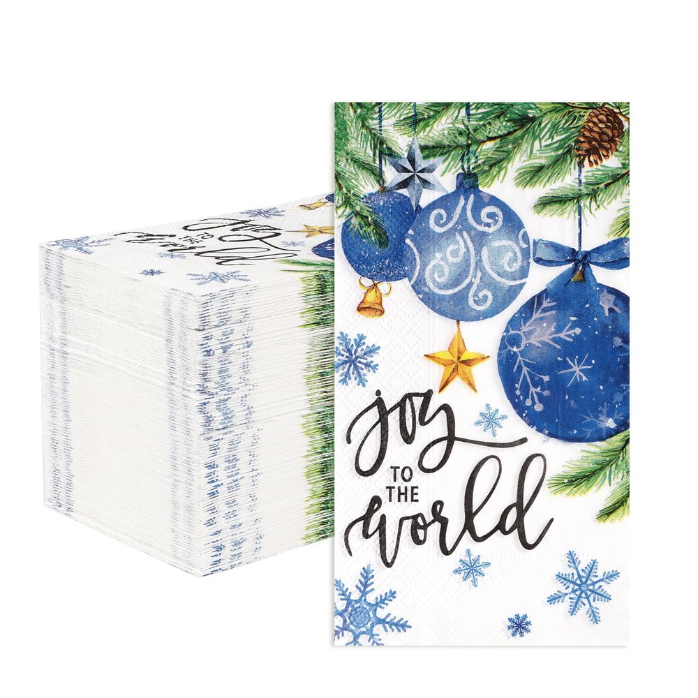 100 Pcs Christmas Paper Napkins 3 Ply Blue Xmas Ball Pine Branch Disposable Absorbent Hand Towels Christmas Guest Napkins for Winter Holiday Party Lunch Dinner Bathroom Kitchen Supplies Decorations
