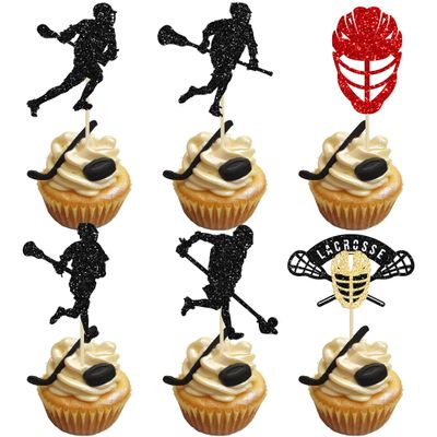 Gyufise 24Pcs Lacrosse Cupcake Toppers Glitter Lacrosse Party Decorations for boys Lacrosse Player Cupcake Picks for Lacrosse Sport Baby Shower Birthday Party Cake Decorations Multi