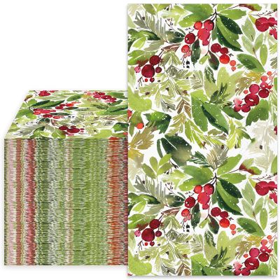 Christmas Guest Napkins Watercolor Mistletoe 3 Ply Disposable Paper Napkins Xmas Winter Berry Dinner Hand Towel Napkins for Party Table Decor, 80Pcs