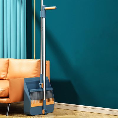 Broom and Dustpan Set, Long Adjustable Handle Indoor Sweeping Brooms, 180 Rotating Broom with Standing Storage and Scraping Teeth Dustpan to Clean Hair for Home Kitchen