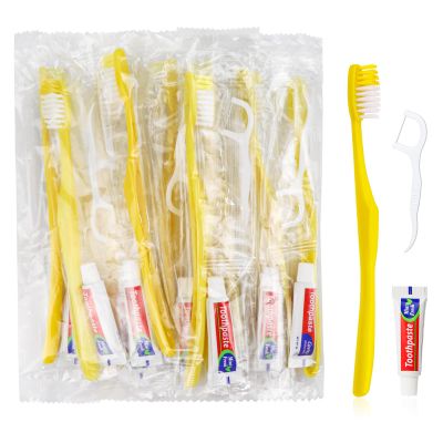 FAOEHN 50 pcs Disposable Toothbrushes with Toothpaste and Floss,Yellow Bulk Single Use Toothbrush Floss Pick Individually Wrapped Disposable Travel Toothbrushes Kit for Homeless,Airbnb,Hotel,Guest