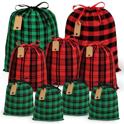 Shintop Christmas Gift Bags Drawstring, 9pcs Reusable Cloth Xmas Sacks Assorted Sized Buffalo Plaid Fabric Holiday Wrapping Pouches with Gift Tags for Party Presents(Red, Green)