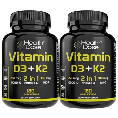 Health Dose Vitamin D3 10,000 IU + K2 (MK7) Supplement, 2-in-1 Formula, Immune Support, a Healthy Mood, Heart, Joint, Teeth, Bone Health, Calcium Absorption, 180 softgels. (2)