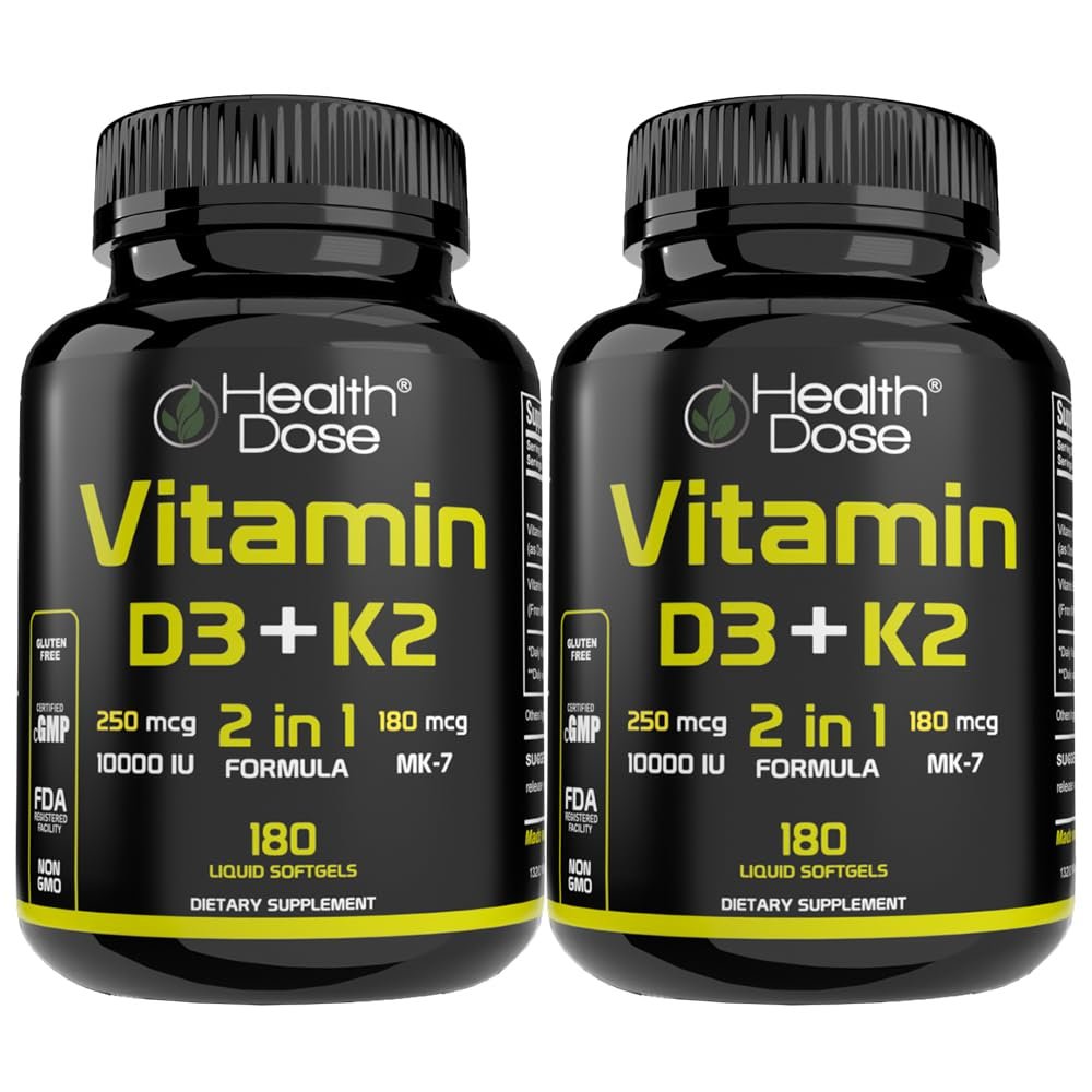 Health Dose Vitamin D3 10,000 IU + K2 (MK7) Supplement, 2-in-1 Formula, Immune Support, a Healthy Mood, Heart, Joint, Teeth, Bone Health, Calcium Absorption, 180 softgels. (2)