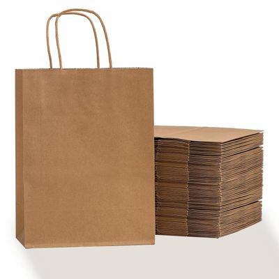 100 Pack Small Light Pink Kraft Paper Bags with Handles - 10 x 4 x 8 Inch - Bulk Gift Wrap Bags for Party, Birthday, Retail, Craft, Merchandise, Take Out (Brown, 10 x 4 x 8 Inch (Pack of 100))