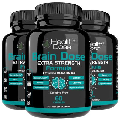 Health Dose Brain Dose Premium Nootropics - Caffeine-Free Extra Strength Formula for Men & Women - Supports Brain Health, Cognitive Focus & Memory Retention, Pack of 3.