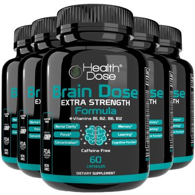 Health Dose Brain Dose Premium Nootropics - Caffeine-Free Extra Strength Formula for Men & Women - Supports Brain Health, Cognitive Focus & Memory Retention, Pack of 5.