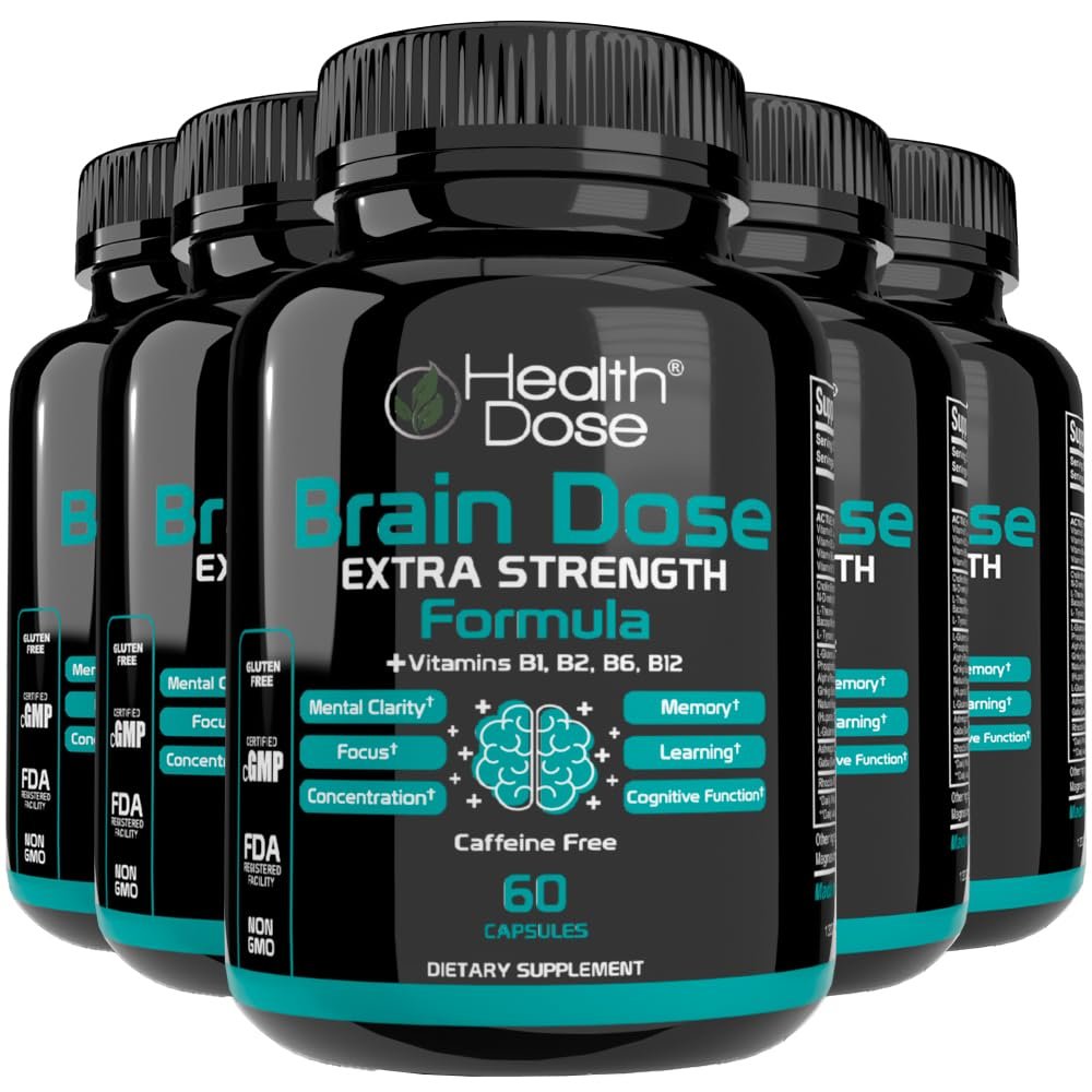 Health Dose Brain Dose Premium Nootropics - Caffeine-Free Extra Strength Formula for Men & Women - Supports Brain Health, Cognitive Focus & Memory Retention, Pack of 5.