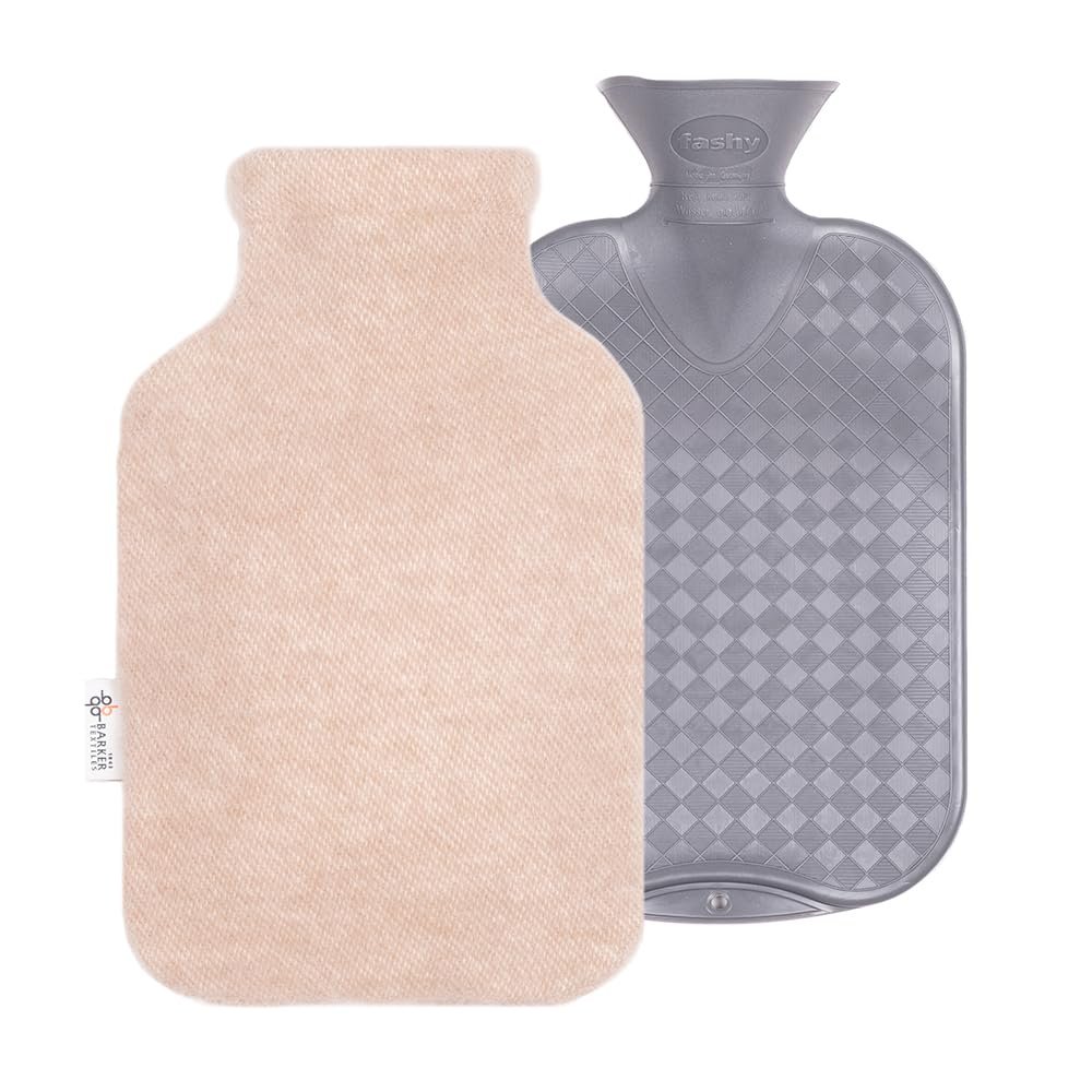 2.0L Fashy Hot Water Bottle with Barker Textiles 100% Wool Cover (Beige) Hot Water Bag with Cover