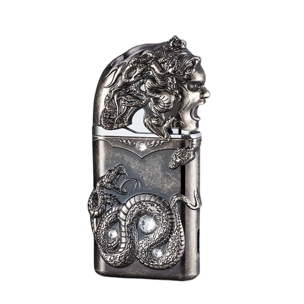 YAINWFVD Dual Flame Lighter, Windproof Blue Flame and Soft Flame Lighter switchable, Portable Embossed Metal Lighter with Visible Gas Window, Suitable for Indoor and Outdoor use(C)