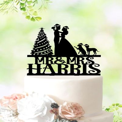 Christmas Cake Topper With Dog, Personalized Christmas Tree Cake Decoration, Mr and Mrs Wedding Cake Topper With Pet Dog, Winter Wedding Cake Topper, Holiday Dog Cake Topper