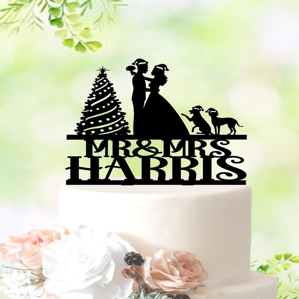 Christmas Cake Topper With Dog, Personalized Christmas Tree Cake Decoration, Mr and Mrs Wedding Cake Topper With Pet Dog, Winter Wedding Cake Topper, Holiday Dog Cake Topper
