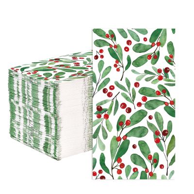 100Pcs Christmas Paper Napkins Disposable 3 Ply Watercolor Holly Leaves Berries Napkins Christmas Dinner Napkins Disposable Hand Towels for Bathroom Home Kitchen Xmas Party Decorations