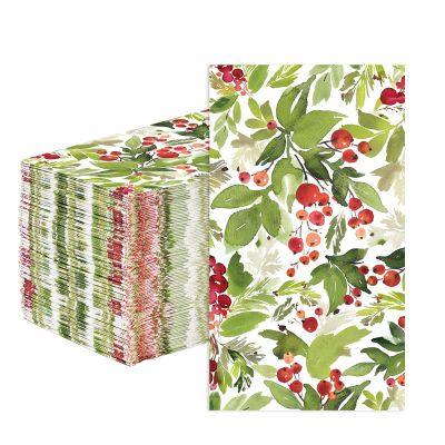 100Pcs Christmas Napkins Disposable Watercolor Holly Berry Greenery Paper Napkin 3 Ply Christmas Paper Guest Napkins for Lunch Dinner Kitchen Bathroom Winter Holiday Supplies Xmas Party Decorations