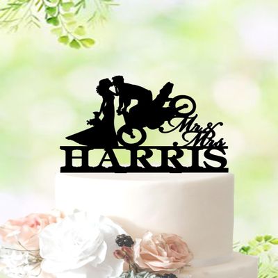 Motorcycle Wedding Cake Topper, Custom Cake Decoration With Motorcycle, Bride and Groom Moto Cake Topper, Dirt Bike Wedding Cake Topper, Personalized Moto Couple Cake Decoration