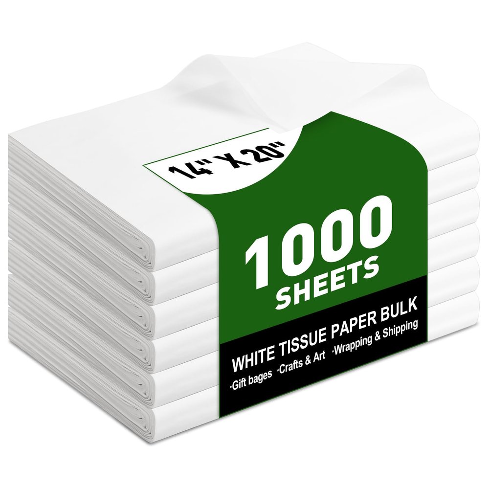 1000 Sheets White Tissue Paper, 14" X 20" Tissue Papers Bulk for Christmas Wedding Birthday Showers Valentine's Day Flower Decoration, Tissue Paper for Gift Bags, Crafts, Packaging, Storage, Art
