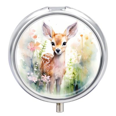 Small Travel Pill Case, Round Metal Pill Box for Pocket Purse, 3 Compartment Portable Pill Holder, Mini Pill Organizer for Travel or Daily - Deer