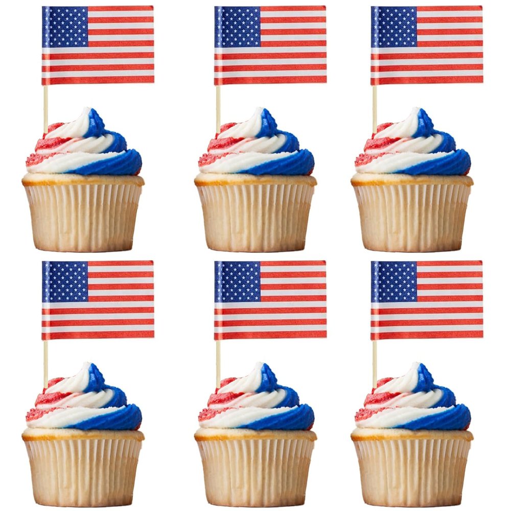 100 Pcs USA American Flag Cupcake Topper Double Sided Mini Cupcake Toppers for World Cup Party Army Graduation Party Sport events President Day USA Patriotic Party Supplies