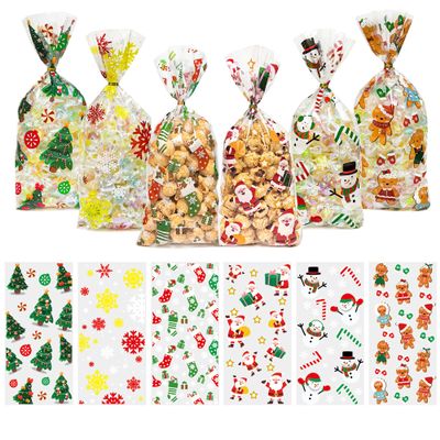 Christmas Treat Bags, Christmas Plastic Cellophane Candy Goodies Bags with Ties for Xmas Day Party Favor Supplies, 60pcs