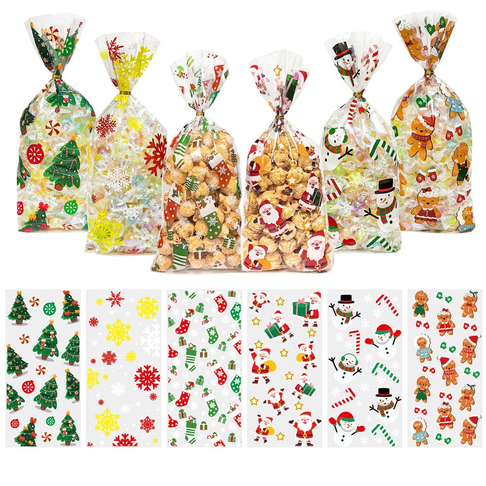 Christmas Treat Bags, Christmas Plastic Cellophane Candy Goodies Bags with Ties for Xmas Day Party Favor Supplies, 60pcs