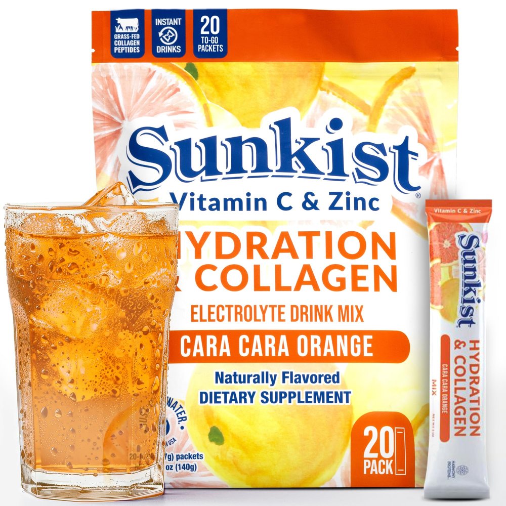 The Frozen Bean Sunkist Hydration & Collagen Cara Cara Orange Electrolyte Powder Drink Mix (20 Sticks), with Collagen Peptides, Vitamin C & Zinc, Just Add Water