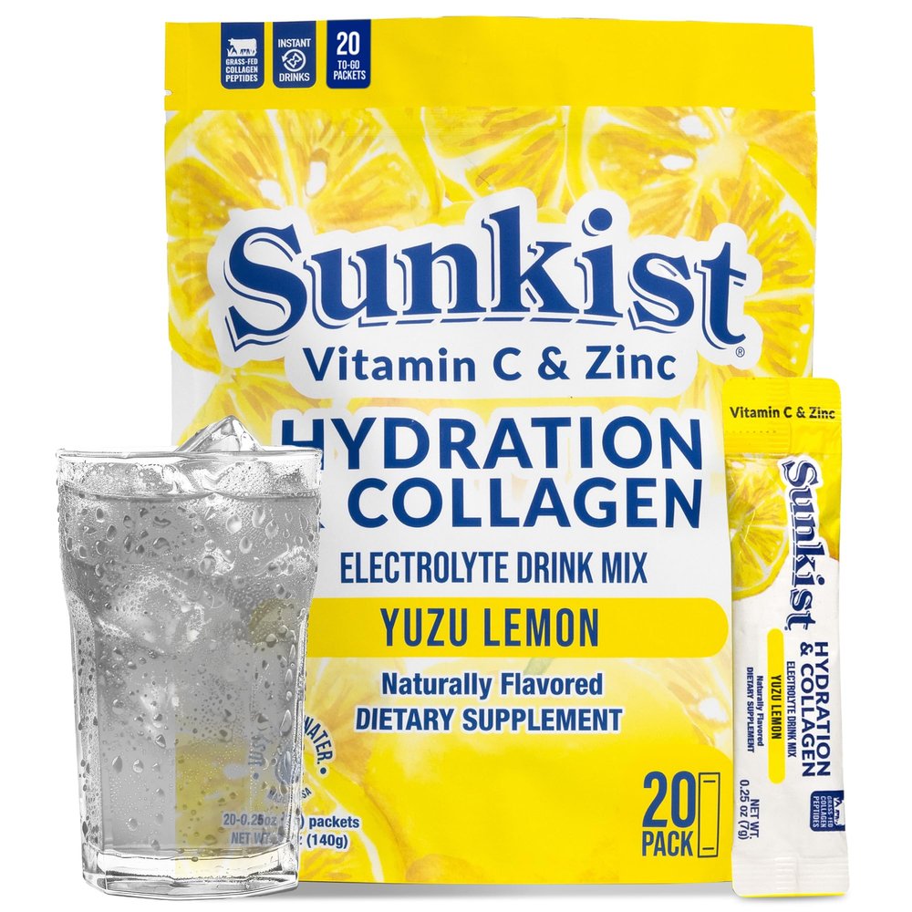 The Frozen Bean Sunkist Hydration & Collagen Yuzu Lemon Electrolyte Powder Drink Mix (20 Sticks), with Collagen Peptides, Vitamin C & Zinc, Just Add Water
