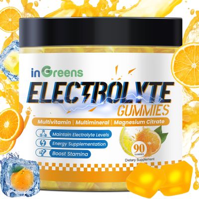 inGreens Natural Electrolyte Gummies with 6 Essential Electrolytes & Vitamins, Magnesium Citrate, Sugar Free Hydration Chews, Orange Lemon Flavor, Made in USA, 90 Gummies