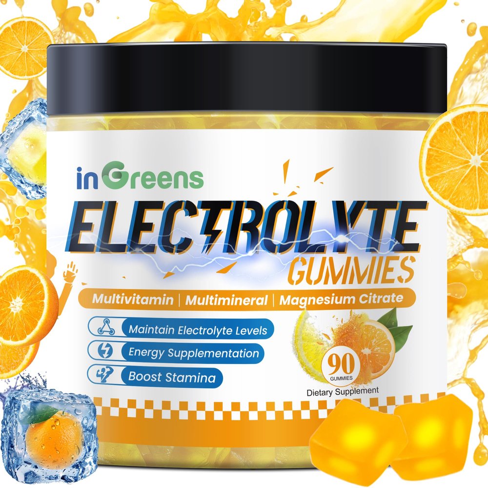 inGreens Natural Electrolyte Gummies with 6 Essential Electrolytes & Vitamins, Magnesium Citrate, Sugar Free Hydration Chews, Orange Lemon Flavor, Made in USA, 90 Gummies