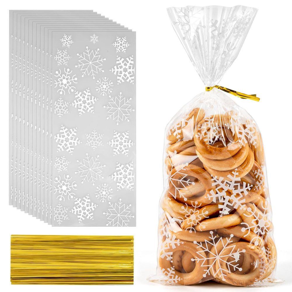 Labeol 200pcs Cellophane Bags 5X11 Christmas Treat Bags with Ties Goodie Bag White Snowflake Clear Gift Bag for Candy Cookie Party Favor Goody Winter Wonderland Birthday
