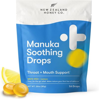 NEW ZEALAND HONEY CO. Manuka Honey Cough Drops MGO 250+ Natural Soothing Throat Lozenges with Lemon for Sore Throat & Dry Mouth Relief, Gluten-Free, Non-GMO 16 Count