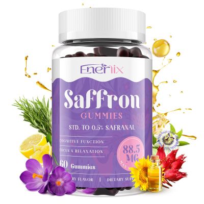 Enerlix Saffron Gummies 88.5 mg with Magnesium, Max Strength Saffron Supplements with St. Johns Wort, GABA, Rhodiola, Rosemary & Passion Flower Extracts for Mood, Focus - 60 Servings