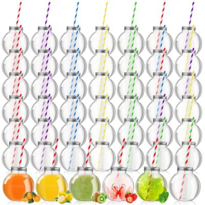 Yaomiao 48 Pcs 10 oz Mini Plastic Fish Bowl Ornament Cups for Drinks Clear Spherical Potion Bottles with Lids and Straws Bulb Cups for Christmas Carnival Candy Party Decorations (Multicolor)