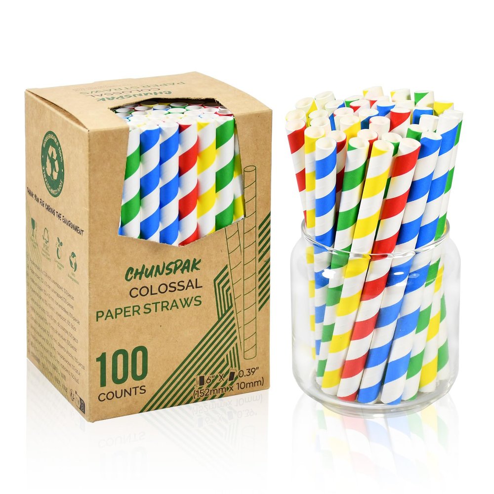 [10mm Wide] Chunspak 6" Short Fat Colorful Striped Paper Drinking Straws Disposable 100 Counts for Smoothie, Milkshakes, Thick Drinks - Biodegradable