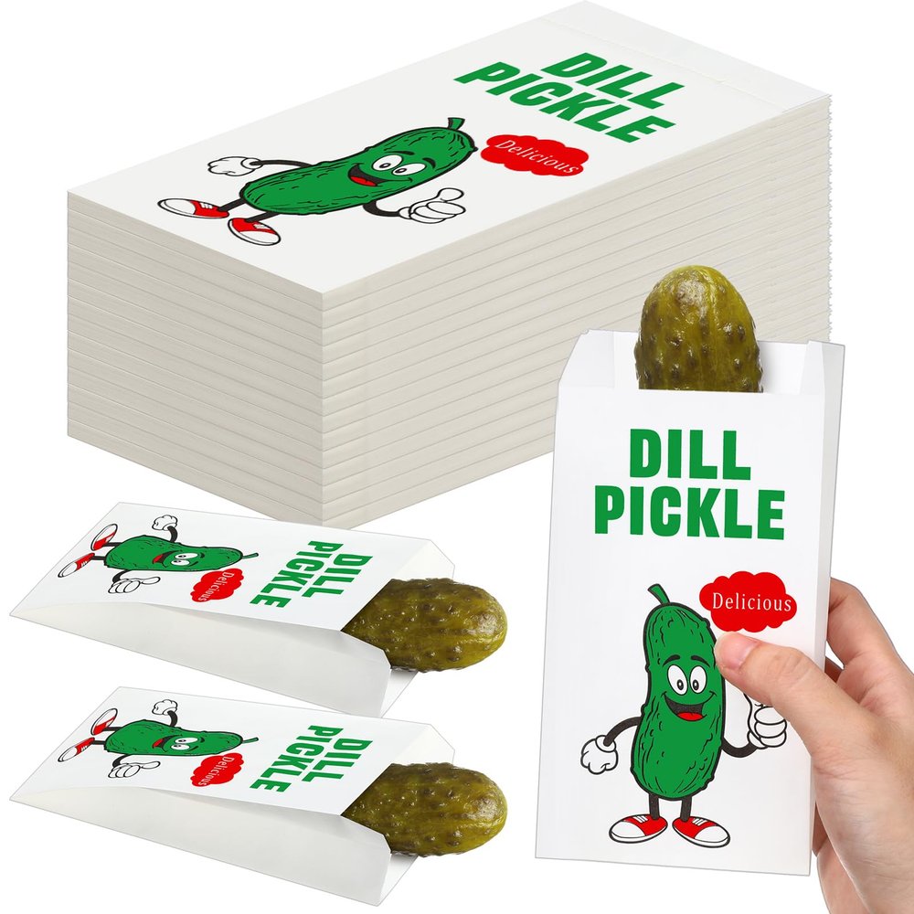 100 Pcs 6.5 x 3'' Dill Pickle Bags Pouches Paper for Selling, Paper Pickle Wrapping Sleeve Disposable Retro Oilproof Waterproof Snack Sacks for Carnival Christmas Party Fundraiser or Concession Stand