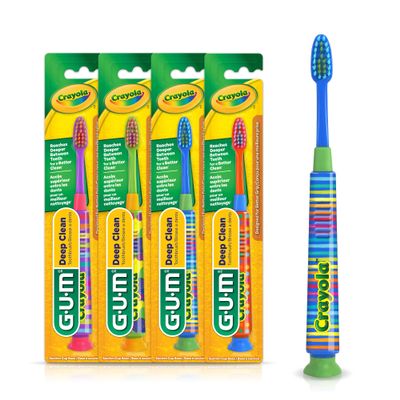 GUM Crayola Deep Clean Childrens Toothbrush, Extra Soft Toothbrush for Kids, Suction Cup Base, Ages 4+, 1 Count(Pack of 4)