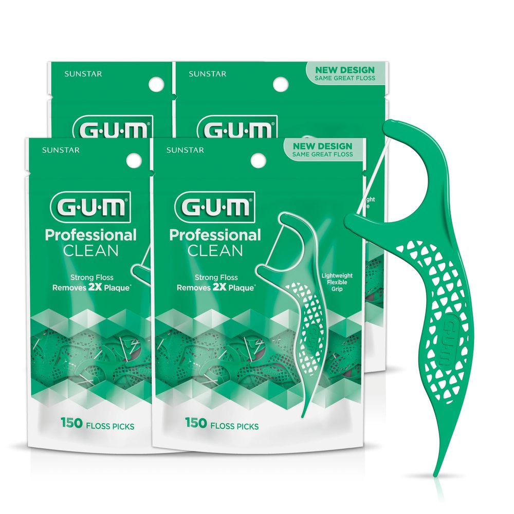GUM Professional Clean Floss Picks - Extra Strong Shred-Resistant Floss, Easy Grip Handle - Dental Flossers for Adults - Fresh Mint Flavor, 150 Count (Pack of 4)