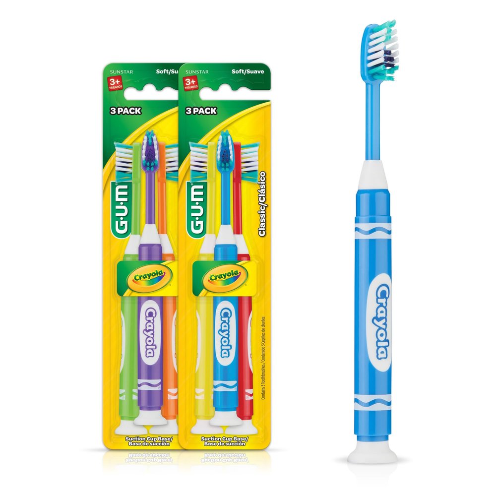 GUM Crayola Marker Childrens Toothbrush, Soft Bristled Kids Toothbrush Set Age 3+, Suction Cup Base, 3 Count (Pack of 2)