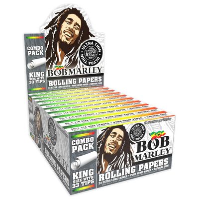 Bob Marley Rolling Paper - King Size (110mm) Ultra Thin Paper With Tips! - Box of 24 Booklets! (33 Leaves + Tips Per Booklet)