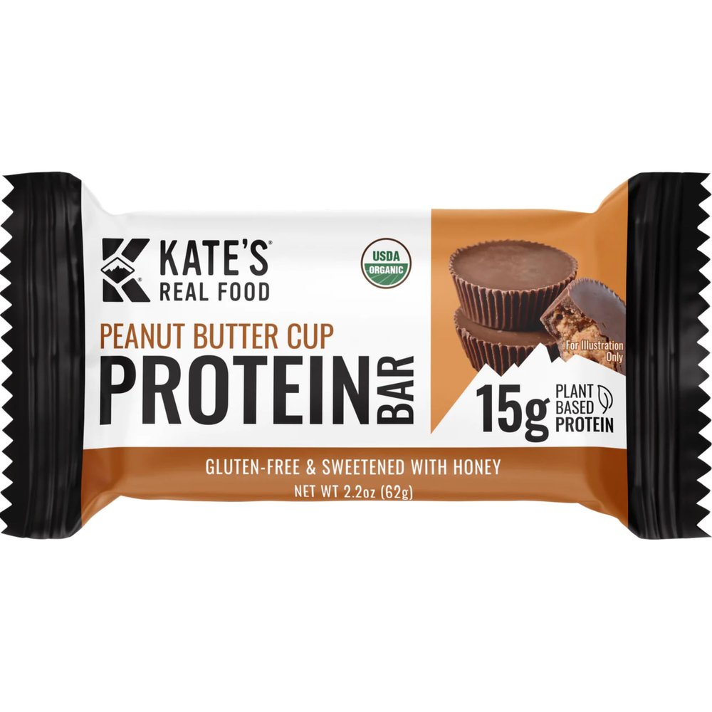 Kates Real Food Organic Protein Bars (Peanut Butter Cup, 2.2 oz, Pack of 12) Plant Based Protein Bars - Gluten Free, Soy Free, Non GMO, Whole Grains, and All Natural