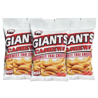 GIANTS Sweet Thai Chili Cashews - Spicy Cashews Roasted Lightly Salted, Cashews Individual Packs, Cashew Nut Snack Bags, Bulk Whole Cashews, Dry Roasted, Flavored - 4 oz Bags (Pack of 3)
