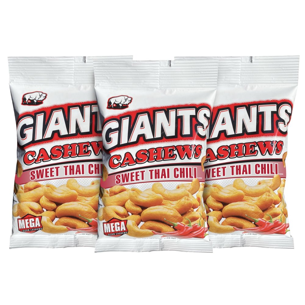 GIANTS Sweet Thai Chili Cashews - Spicy Cashews Roasted Lightly Salted, Cashews Individual Packs, Cashew Nut Snack Bags, Bulk Whole Cashews, Dry Roasted, Flavored - 4 oz Bags (Pack of 3)