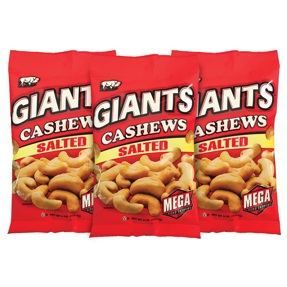 GIANTS Salted Cashews - Cashews Roasted Lightly Salted, Cashews Individual Packs, Cashew Nut Snack Bags, Bulk Whole Cashews, Dry Roasted, Big Size - 4 oz Bags (Pack of 3)